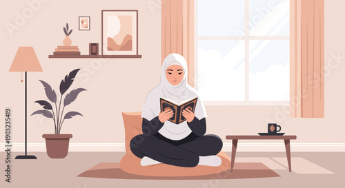 Muslim Woman Reading Quran in Cozy Living Room, Islamic Lifestyle
