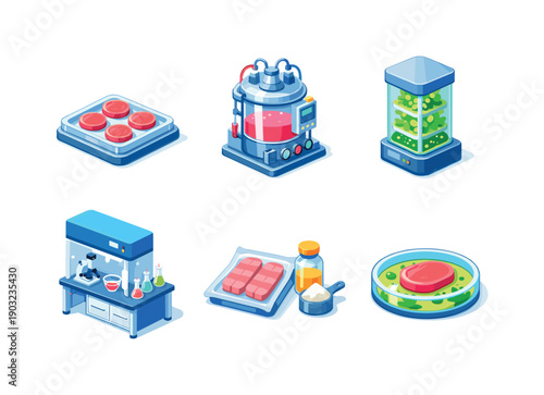 Lab grown food. Isometric flat vector icons set of lab grown food: cultured meat sample tray, lab meat bioreactor, plant cell growth chamber,
