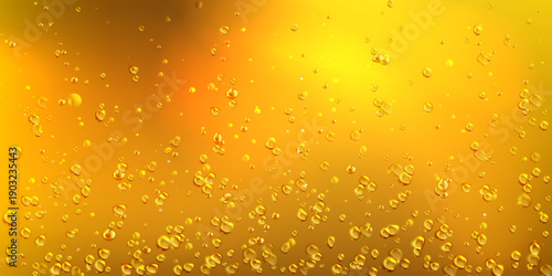 Golden beer with bubbles closeup view, realistic lager texture with rising air bubbles. Vector illustration of fresh carbonated amber color drink