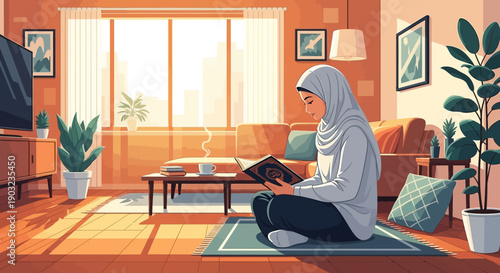 Muslim Woman Reading Quran in Cozy Living Room
