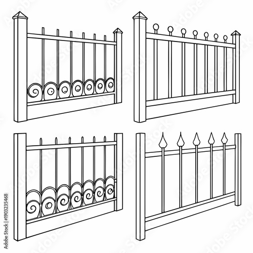 Four different designs of white metal railings and gates for residential use Vector