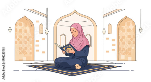 Muslim Woman Reading Quran in Mosque Interior, Islamic Culture, Faith, Devotion