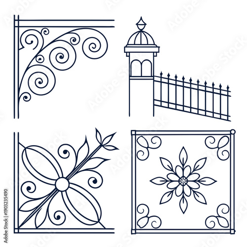 Intricate black and white drawings of various decorative ironwork patterns. Vector