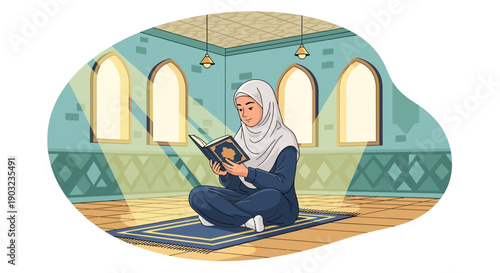 Muslim Woman Reading Quran in Mosque, Islamic Culture and Faith