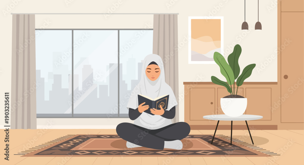 Fototapeta premium Muslim Woman Reading Quran Indoors, Peaceful Home Study, Islamic Faith