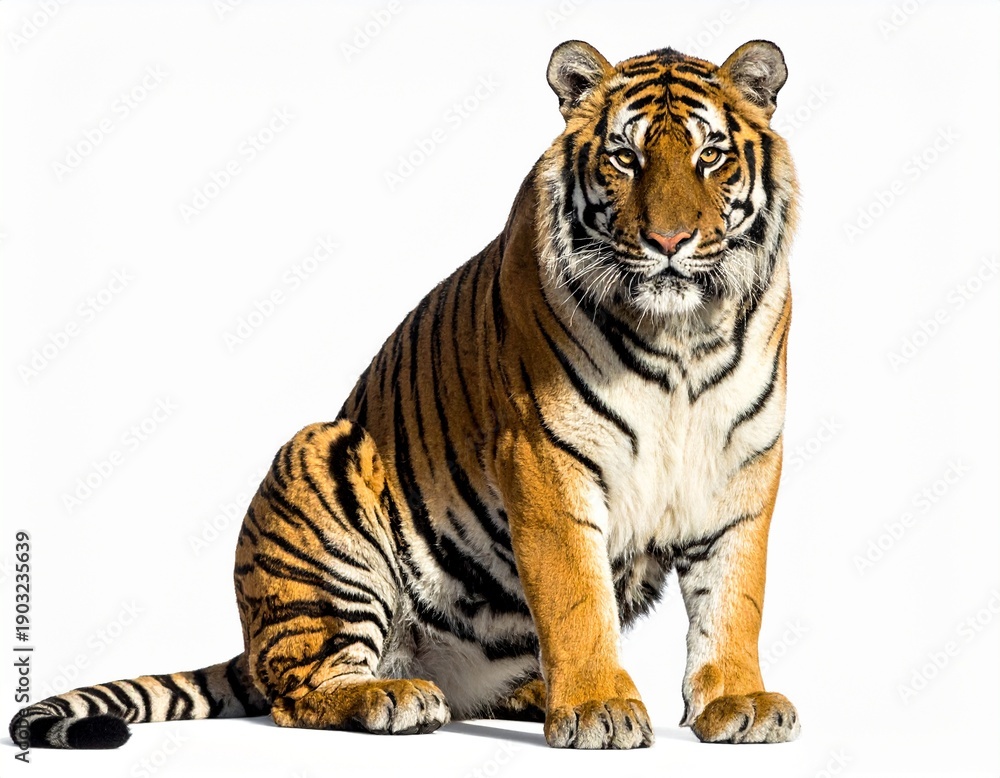 Obraz premium A majestic Bengal tiger with striking orange and black stripes sits calmly, looking directly at the viewer against a white background.