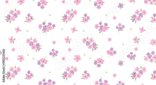 Seamless pastel flower pattern with small pink and purple blossoms scattered on white background cute floral cartoon vector illustration