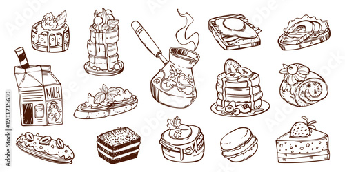 Sketch bakery doodle icons isolated on white background. Vector illustrations of fresh Turkish coffee in pot, pancakes and toasts with avocado, whimsical hand drawn design elements for breakfast