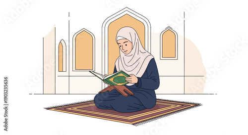 Muslim Woman Reading Quran on Prayer Rug in Mosque - Islamic Culture
