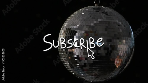 Mirror ball nudging to center, rotating and shifting glints while Subscribe overlay drawing focus