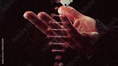 Fingers opening, revealing small white cube; hand releasing cube as helix rising, visualizing data