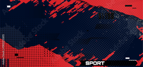 Dynamic grunge sport black background with brush strokes, red paint splatter and halftone texture. Abstract vector illustration, geometric sporty design, frame for athletic posters and event templates