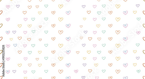 Seamless pastel heart pattern with small colorful love symbols scattered on white background cute romantic cartoon vector illustration
