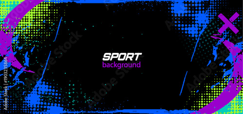 Dynamic grunge sport black background with brush strokes, color paint splatter, halftone texture. Abstract vector illustration, geometric sporty design, frame for athletic posters