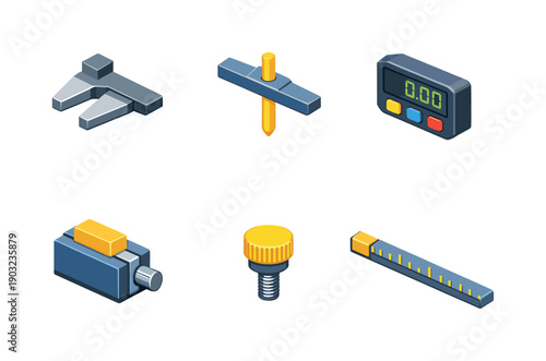 Workshop measuring instrument. Isometric flat vector icons set of workshop measuring instrument: hardened steel jaws, caliper depth probe,