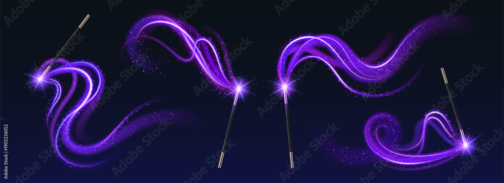 Fototapeta premium Magic wand with glowing light trail and sparkles realistic vector illustrations. Enchanting spell effect on dark background with shimmering particles and magical energy swirls