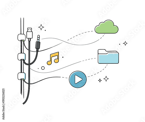 Minimalist Cable Routing. Wall-mounted cable routing. Minimal tech setup with wall-mounted holders gently guiding cables down a smooth surface, floating icons