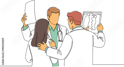 Medical team of three doctors collaborating and reviewing chest X-ray scan with continuous line art and color blocks