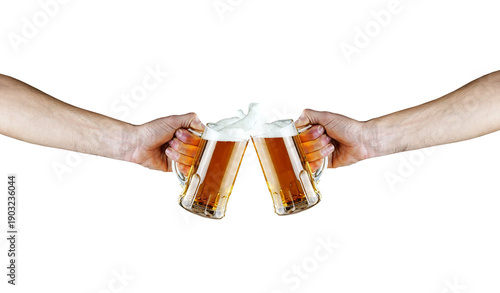Beer toast with two hands holding beer mugs isolated on transparent background. Celebration, party, Oktoberfest, friendship concept PNG