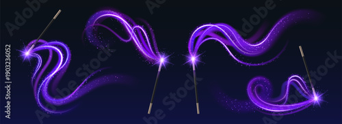 Magic wand with glowing light trail and sparkles realistic vector illustrations. Enchanting spell effect on dark background with shimmering particles and magical energy swirls