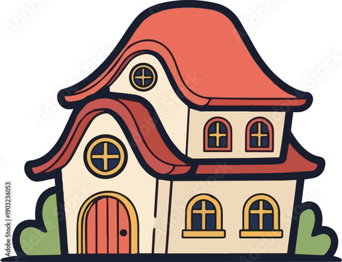 Charming, whimsical cartoon-style illustration of a quaint, multi-story house with a unique, curved red roof and yellow-paned windows, surrounded by green bushes, perfect for children's stories