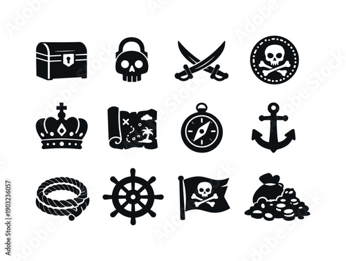 Pirate Treasure. Solid icon set of Pirate Treasure: pirate chest, skull lock, crossed swords, gold doubloon, jewel crown, treasure map,