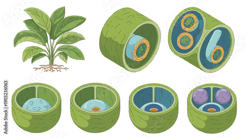 A detailed educational illustration of plant cell structures showing multiple views (3)_traced
