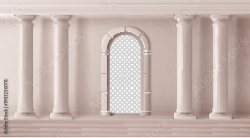 Ancient greek or roman arch with marble columns, classical pillar design background. Realistic vector illustration of greece temple architecture with stone colonnade, stairs and ornate entrance portal