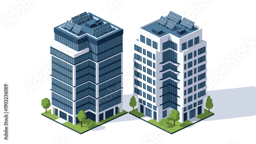 Modern Office Skyscrapers with Rooftop Solar Panels Illustrating Sustainable Corporate Architecture