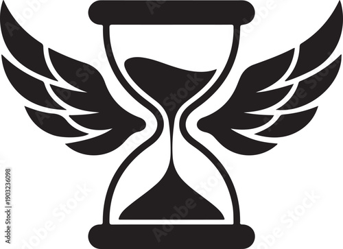 Black and white silhouette of a winged hourglass symbolizing the concept that time flies isolated on white background, illustration