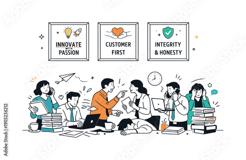 Corporate values vs reality. An editorial-style scene where framed mission statements hang neatly while real work happens chaotically below.