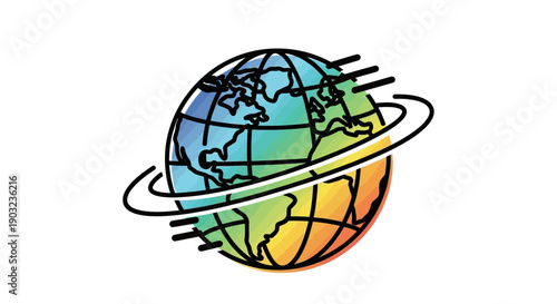 Colorful global communication network icon representing worldwide connectivity and digital