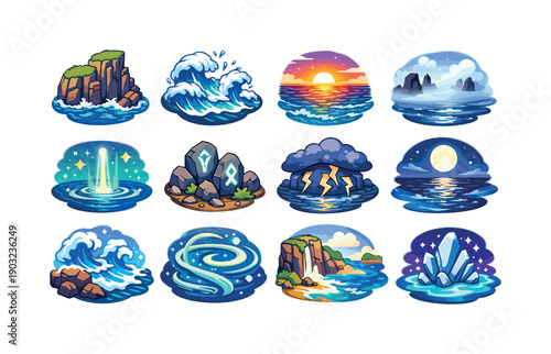 Mythical Sea Scene. Colorful isometric vector icons set of Mythical Sea Scene: dramatic ocean cliff, crashing storm waves, glowing horizon