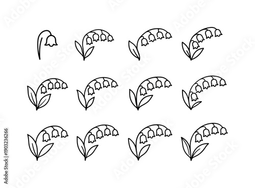 Minimal Lily of the Valley. Line icon set of Minimal Lily of the Valley: simple bell flower, clean stem, smooth leaf, minimal blossom, floral