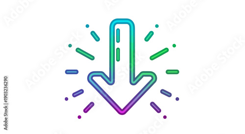 Vibrant Gradient Down Arrow Icon with Radiating Elements for Digital Interface Design