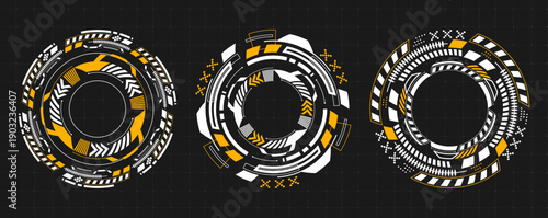 Futuristic round hud interface with circular tech elements and glowing target frames, isolated vector illustration. Abstract icons for cyber game design and sci-fi digital displays