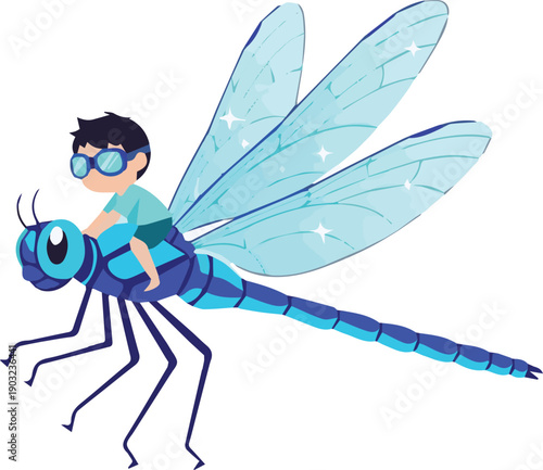 Young boy with goggles takes a whimsical flight on the back of a giant blue dragonfly, soaring through an imaginary world of adventure and dreams