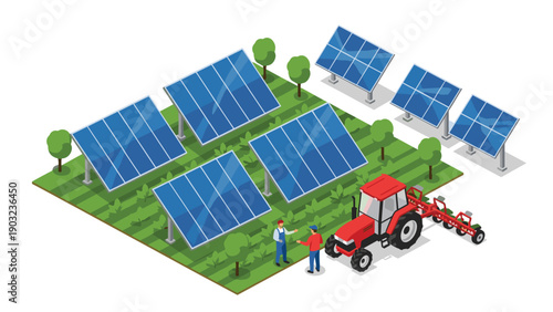 Farmers Discussing Crops in Field with Large Solar Farm and Modern Red Tractor Illustration