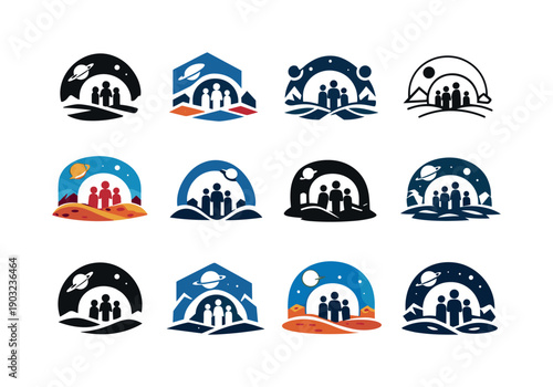Space Colony Family Icons. A family in a space habitat for long-term residence on another planet. Icon set. Set Logo of A family in a space habitat for