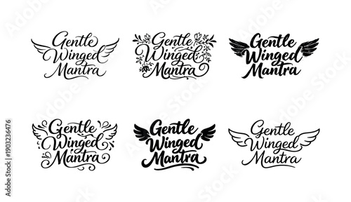 Gentle winged mantra. Set lettering. harmonious lettering variations of the same emblematic concept, each with different artistic