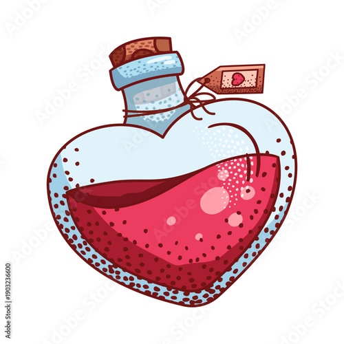 illustration of a Love Potion in heart-shaped glass bottle. The bottle is sealed with a cork and features a tied  tag  with a string.Ideal for Valentine's Day, romantic themes and fantasy themes.