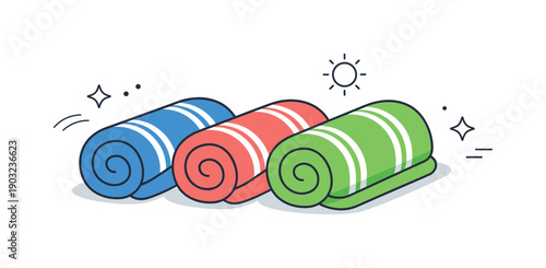 Organized Beach Towels Display. Beach towel folds. Rolled beach towels placed neatly in a row, ready for travel or storage. Organized summer preparation and