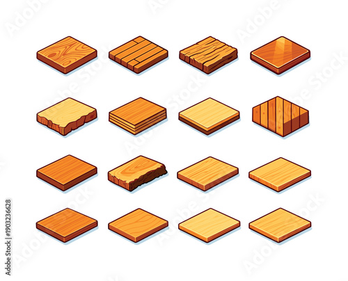 Wooden Surface. Colorful isometric vector icons set of Wooden Surface: tabletop wood grain, deck boards, rustic wood surface,