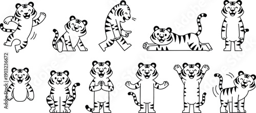 Cute Cartoon Tiger Line Art Set with Playful Poses Black and White Wild Animal Characters for Kids Coloring and Design