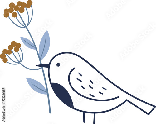 Bird hold floral branch in beak hand drawn element