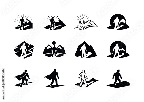 Victorious journey. Icon set. Set Logo of Victorious journey: hero silhouette walking forward. harmonious logo variations of the same