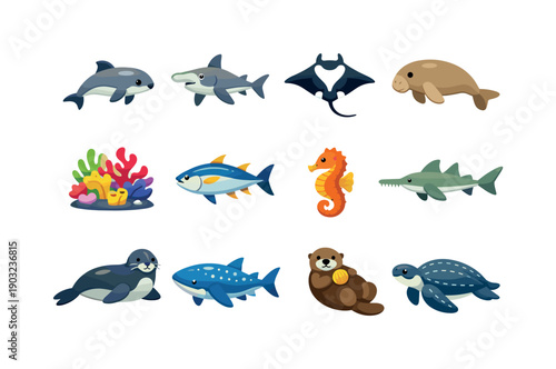 Ocean endangered. Colorful flat vector icons set of ocean endangered: vaquita porpoise, hammerhead shark, manta ray, dugong, bluefin tuna,