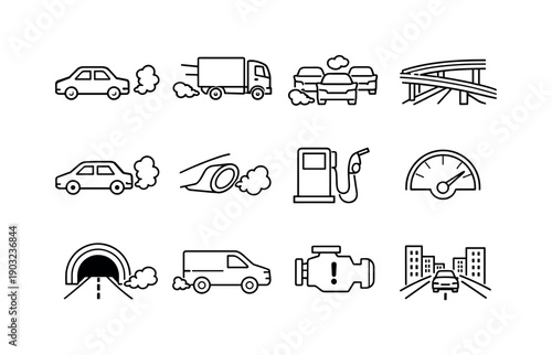 Vehicle Emission Surge. Line icon set of Vehicle Emission Surge: car exhaust smoke, diesel truck, traffic congestion, highway overpass,