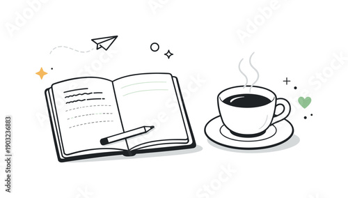 Notes left behind. A notebook open to an unfinished page with a coffee cup nearby, steam fading softly. Calm stock-style illustration about