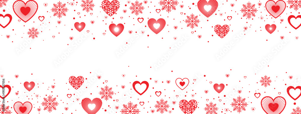Obraz premium Festive red heart and snowflake pattern on white background, romantic winter design with scattered love symbols. Ideal for Valentine’s Day, Christmas, holiday cards, banners, wallpapers, and seasonal 